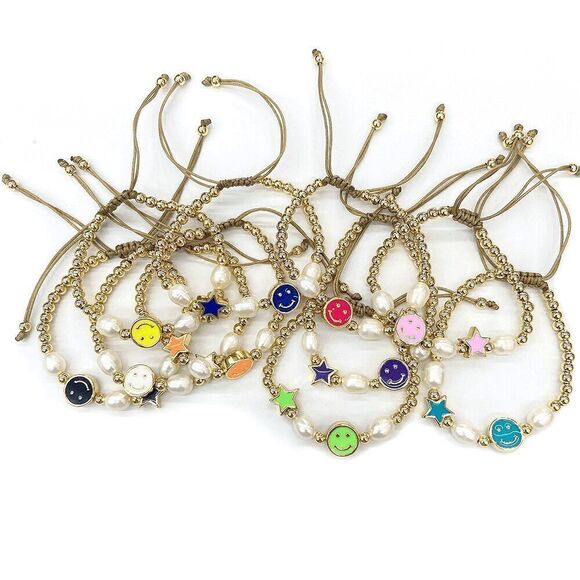 Gold Beaded Black Enamel Happy Face Bracelet - Picture 3 of 3